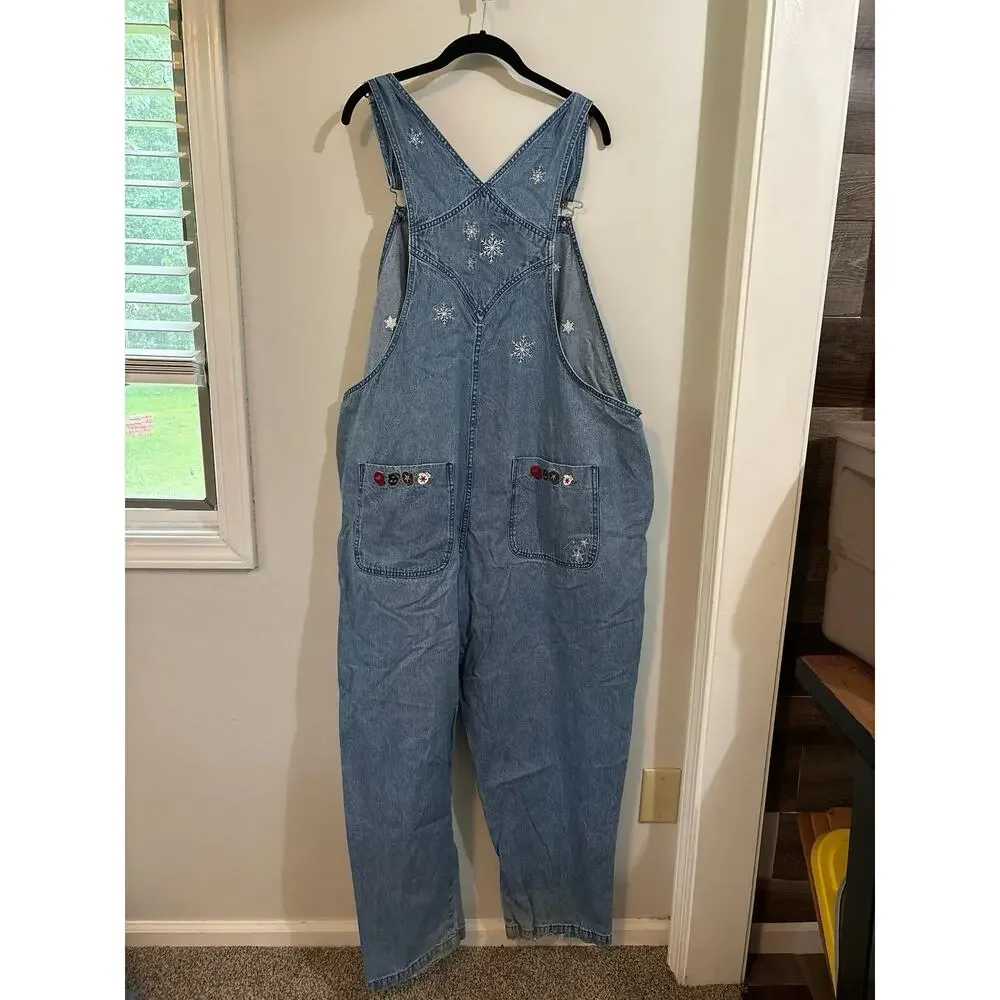 Vtg. C.J. Banks 24W Denim Overalls Women Embroidered Bear Cottagecore Blue Jean